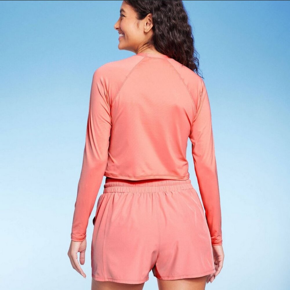 Women's UPF 50 Cropped Crewneck Long Sleeve Rash Guard - Kona Sol Coral Pink L - Picture 3 of 4